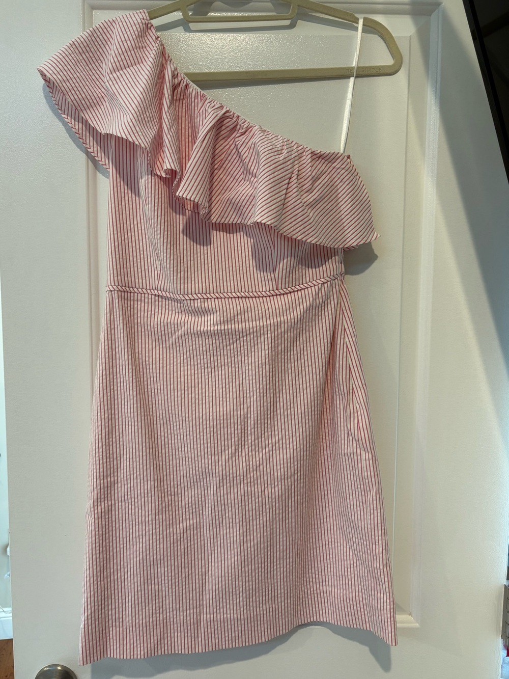 J. Crew Pink and White One-Shoulder Ruffle Dress